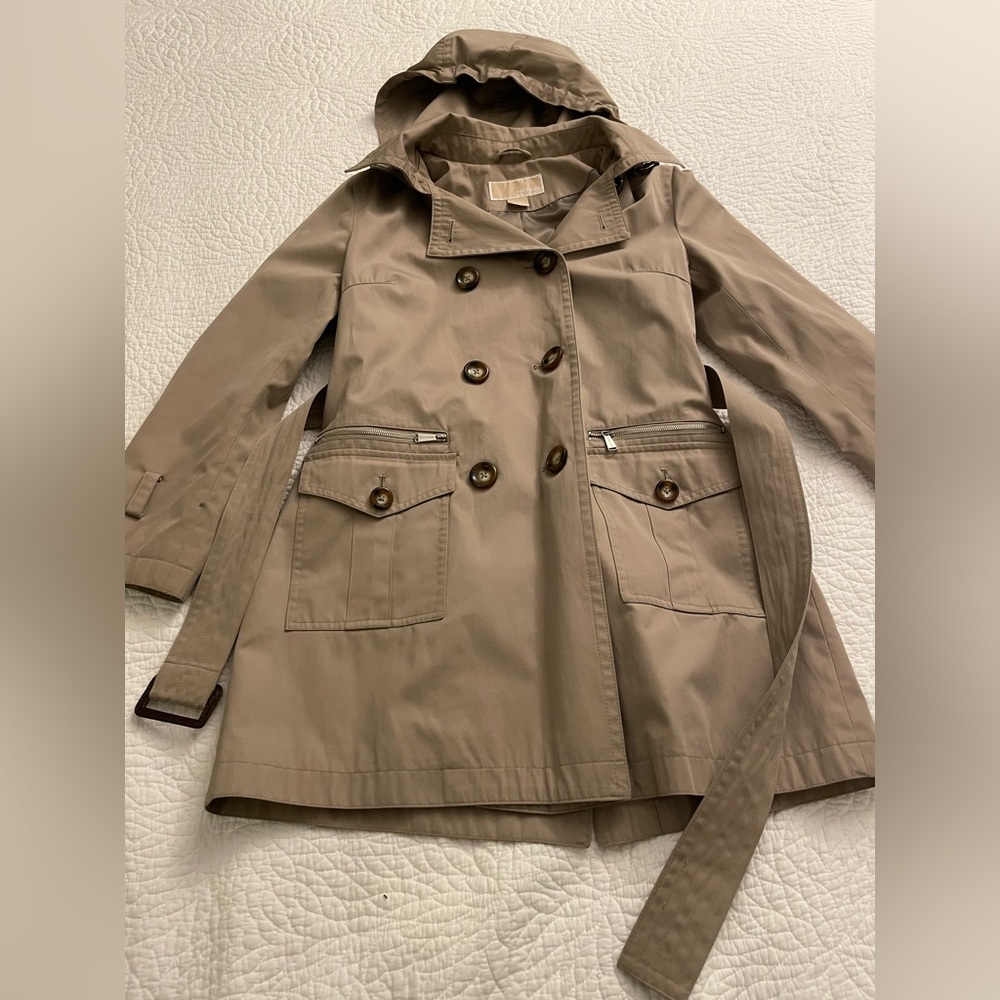 Womens Michael Kors Double-Breasted Tan Trench coat with Hood Size XS - Picture 2 of 10
